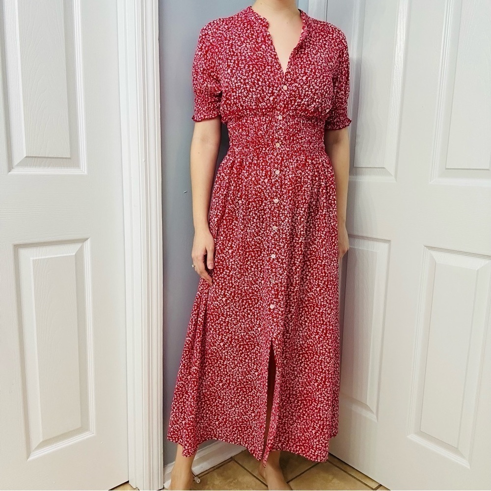 Y2K Dress Vintage Maxi Red Floral Dainty Smocked Cottagecore Boho Size 4 Small